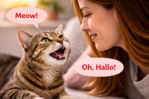 Katze miaut und kommuniziert mit einem Menschen – Beispiel für Katzensprache im Alltag