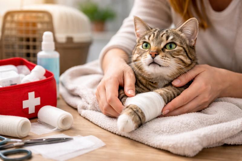 Erste Hilfe für Katzen: Verband an der Pfote wird vorsichtig angelegt
