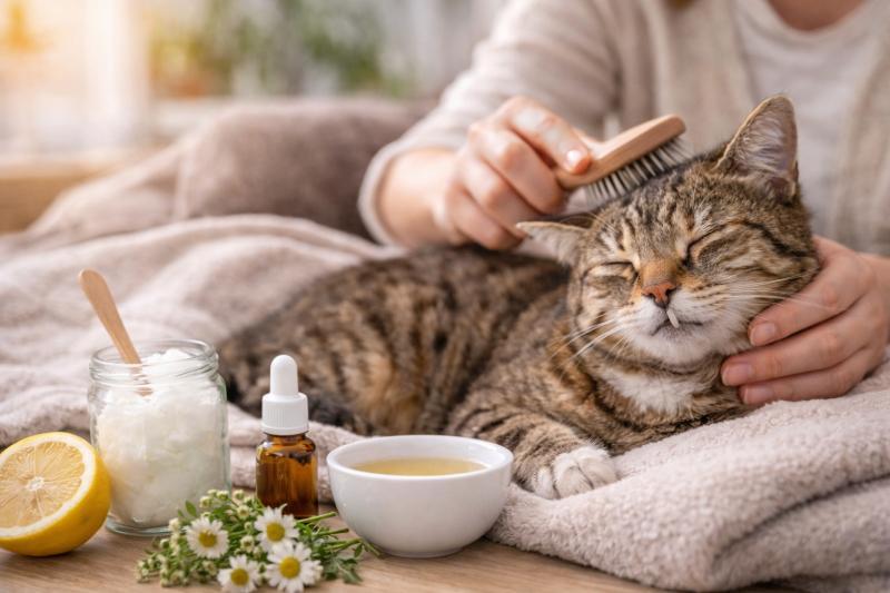 Katze wird mit natürlichen Katzen Hausmitteln gepflegt und entspannt gebürstet zu Hause