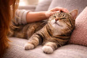 Entspannte Hauskatze genießt Streicheleinheiten auf dem Sofa – Einblick in die Katzenpsychologie und Bindung zum Menschen