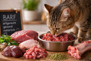 Katze frisst rohes Fleisch aus dem Napf – BARF Ernährung mit natürlichen Zutaten