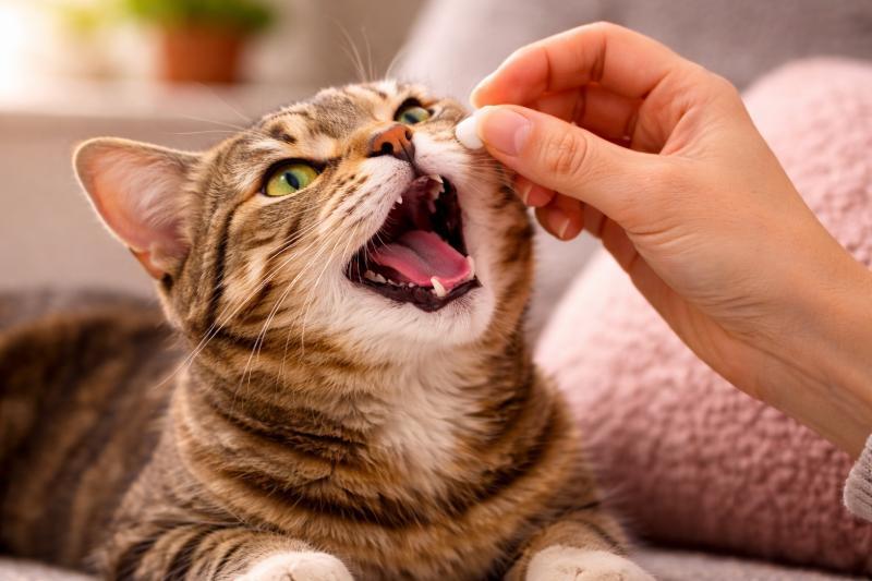 Katze entwurmen: Eine Hauskatze bekommt eine Wurmkur in Form einer Tablette verabreicht