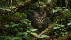 Katze im Unterholz eines Waldes – typischer Lebensraum für Zecken bei Katzen