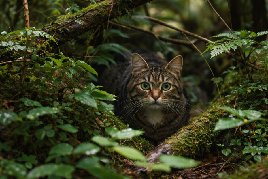 Katze im Unterholz eines Waldes – typischer Lebensraum für Zecken bei Katzen