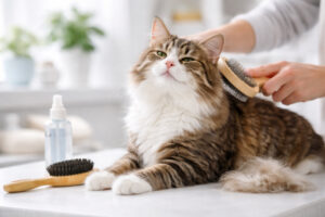 Langhaarige Katze wird gebürstet – richtige Katzen Fellpflege