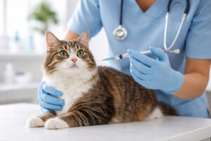 Katzenimpfungen: Katze wird beim Tierarzt ruhig geimpft – Vorsorgeimpfung für Katzen
