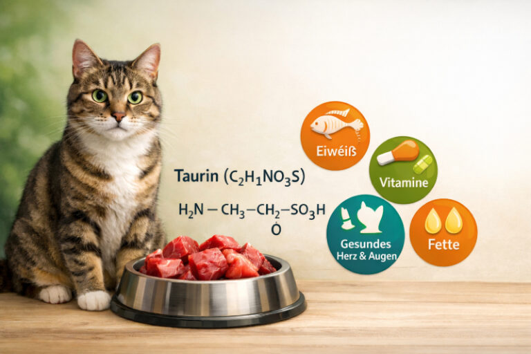 Gesunde Katze vor Futternapf mit Fleisch, daneben Grafiken zu Taurin, Eiweiß, Vitaminen, Fetten sowie Herz- und Augengesundheit