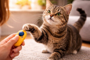 atze beim Clickertraining hebt die Pfote und reagiert auf Clicker und Handsignal