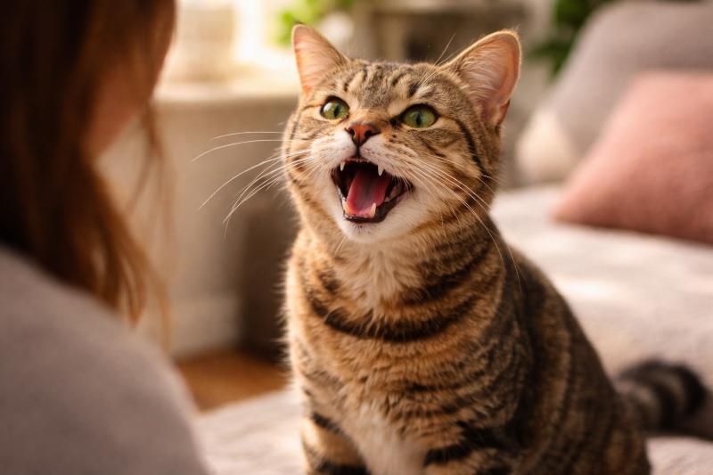 Miauen: Hauskatze miaut mit offenem Maul und schaut aufmerksam einen Menschen an