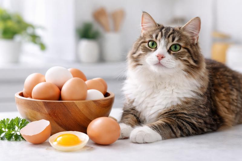 Katze neben Eiern in der Küche – darf die Katze Eier fressen?