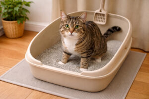 Fotorealistisches Bild einer getigerten Katze mit grünen Augen, die in einem beigen Katzenklo mit grauem Streu steht, aufgenommen in einer hellen Wohnung mit Holzboden und Pflanze im Hintergrund.