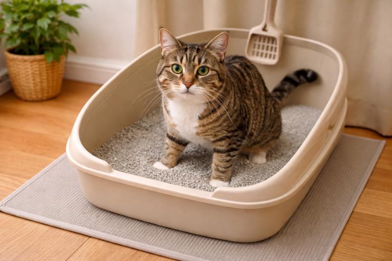 Fotorealistisches Bild einer getigerten Katze mit grünen Augen, die in einem beigen Katzenklo mit grauem Streu steht, aufgenommen in einer hellen Wohnung mit Holzboden und Pflanze im Hintergrund.