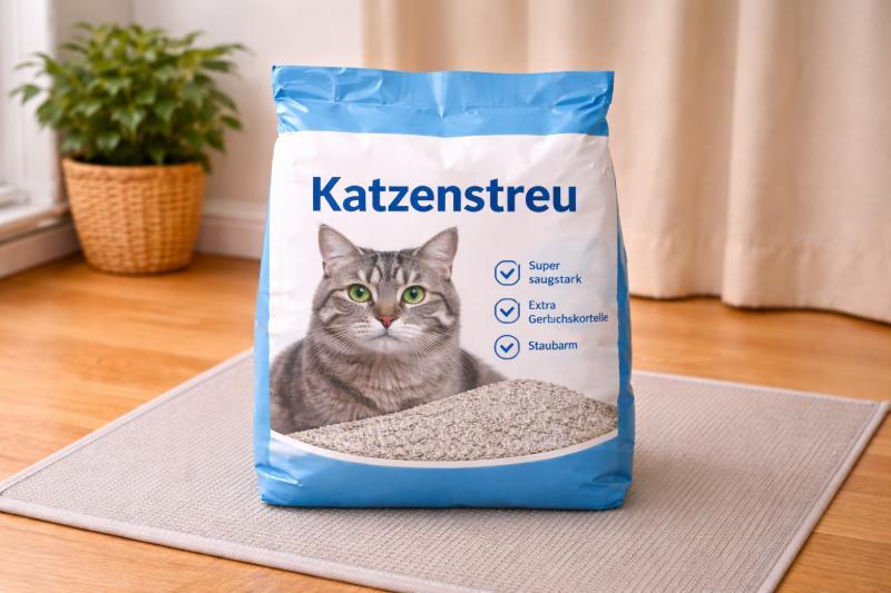 Fotorealistisches Bild eines Katzenstreu-Beutels mit der Aufschrift „Katzenstreu“, platziert auf einem Teppich in einer hellen Wohnung mit Holzboden und Pflanze im Hintergrund.