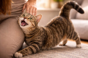 Rollige Katze hebt das Hinterteil und zeigt typisches Verhalten während der Paarungsbereitschaft und Rolligkeit