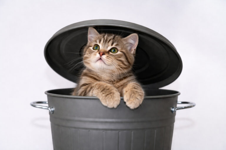 Freche Katze sitzt in einer Tonne – typisches Verhalten beim Thema Katze erziehen