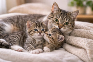 Katzenmutter liegt mit ihren Kitten – frühe Phase der Kitten Entwicklung im Nest