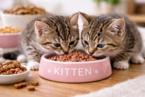 Kitten fressen aus einem Napf – ausgewogene Kitten Ernährung mit speziellem Futter