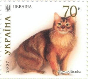 Eine ukrainische Briefmarke mit Somalikatze