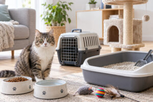 Katze mit Zubehör für die Erstausstattung in einem Wohnzimmer