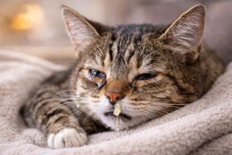 Katze mit Katzenschnupfen zeigt tränende Augen und Nasenausfluss als typische Symptome