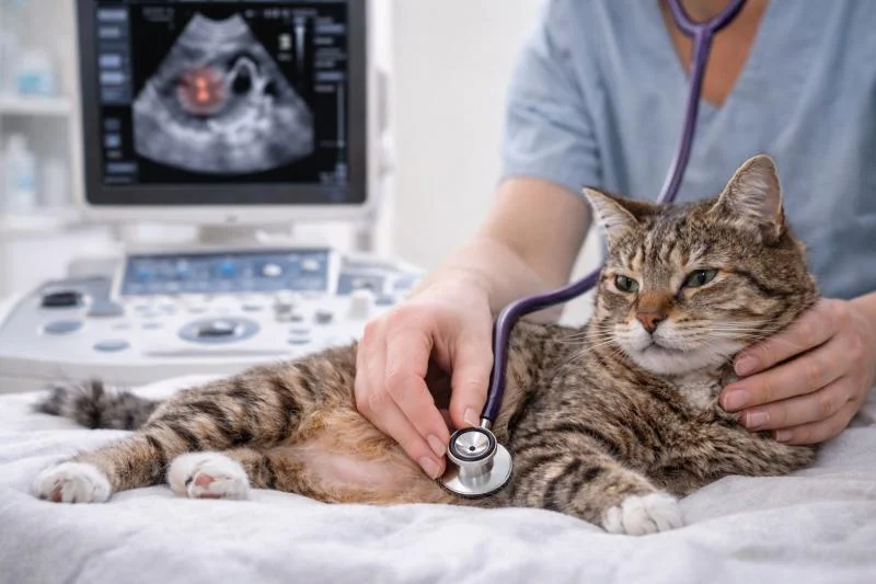 Katze wird mit Stethoskop und Ultraschall untersucht – Diagnose einer hypertrophen Kardiomyopathie (HCM bei Katzen)