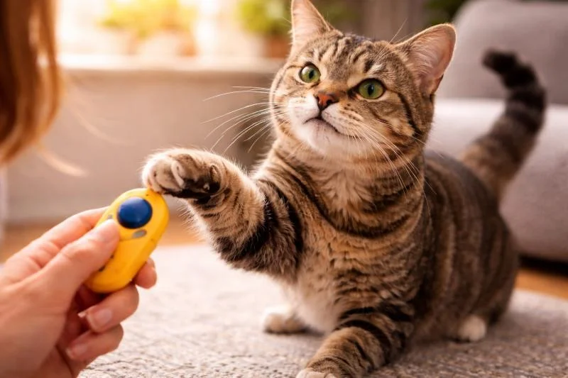 Katzen Clickertraining: Hebt die Pfote und reagiert auf Clicker und Handsignal