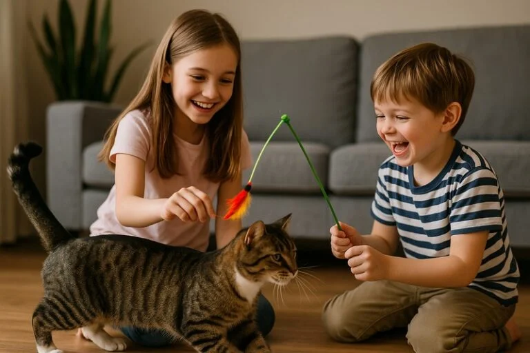 Katzenrassen für Familien: Kinder spielen mit einer kinderfreundlichen Katze im Familienhaushalt