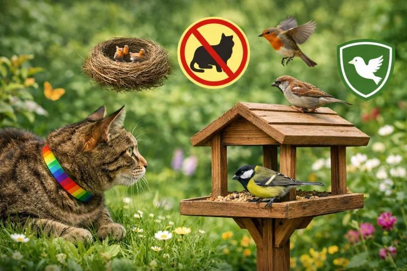 Eine Katze mit buntem Halsband sitzt im Garten und schaut zu mehreren Singvögeln, die sicher an einem Vogelhäuschen fressen